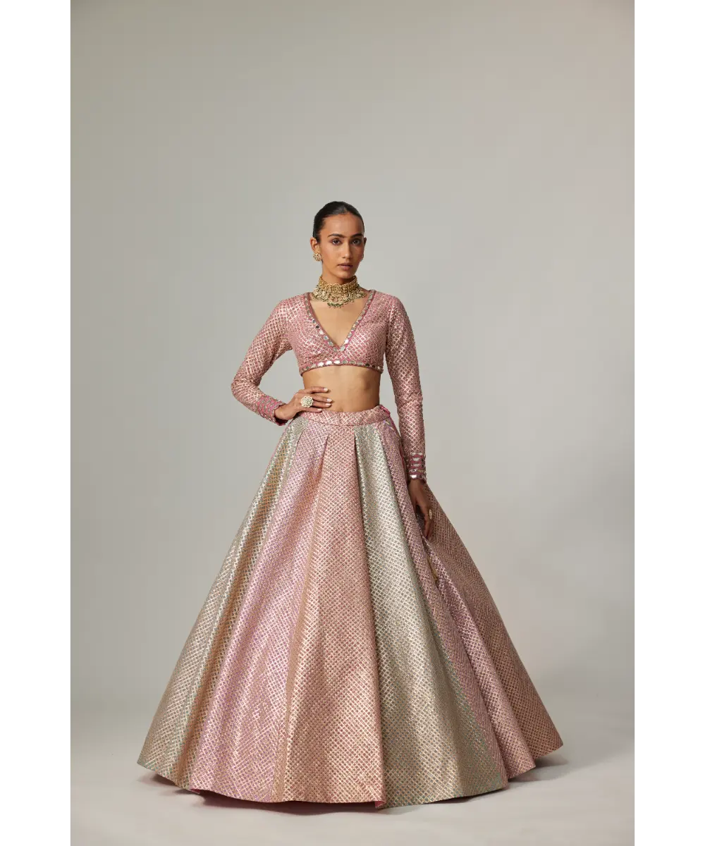 VVANI VATS - Dark Blush multicolor metallic gota Crop Top Skirt with Aqua Dupatta